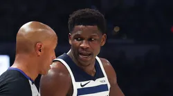 Anthony Edwards #5 of the Minnesota Timberwolves argues with a referee during the second quarter against the Oklahoma City Thunder in Game Five of the Western Conference Finals of the 2025 NBA Playoffs