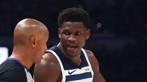 Anthony Edwards #5 of the Minnesota Timberwolves argues with a referee during the second quarter against the Oklahoma City Thunder in Game Five of the Western Conference Finals of the 2025 NBA Playoffs