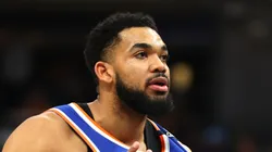 Karl-Anthony Towns #32 of the New York Knicks reacts.