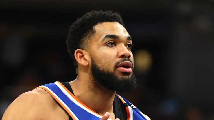 Karl-Anthony Towns #32 of the New York Knicks reacts.