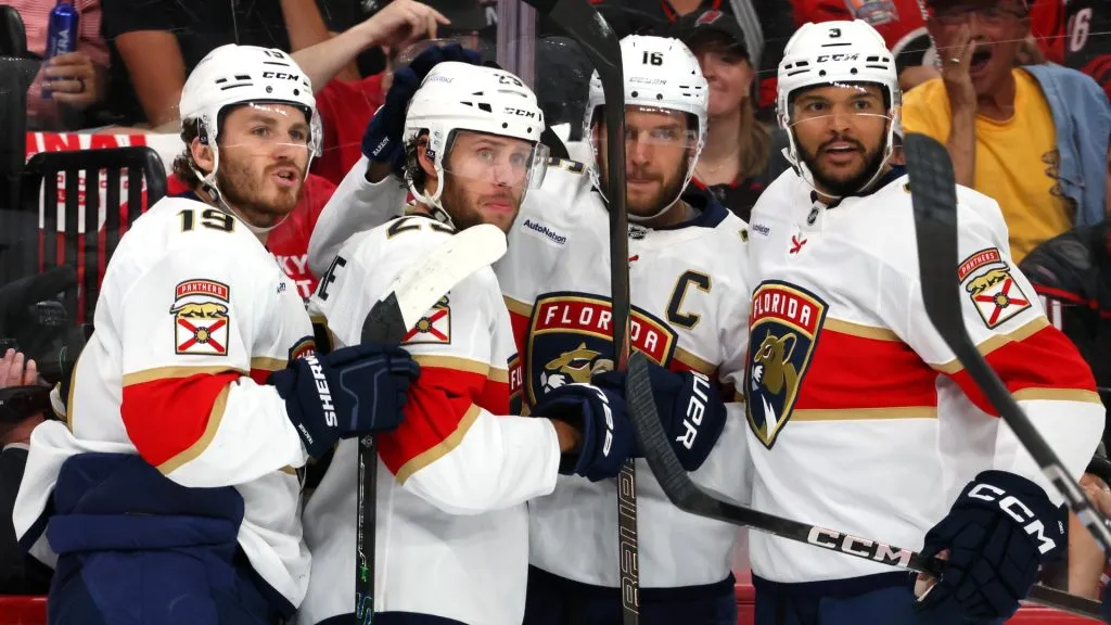Carter Verhaeghe celebrates with teammates after scoring a goal against the Carolina Hurricanes during the first period in Game One of the Eastern Conference Final of the 2025 Stanley Cup Playoffs. (Source: Bruce Bennett/Getty Images)