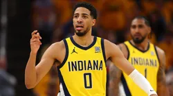 Tyrese Haliburton #0 of the Indiana Pacers reacts against the New York Knicks during the Eastern Conference Finals.