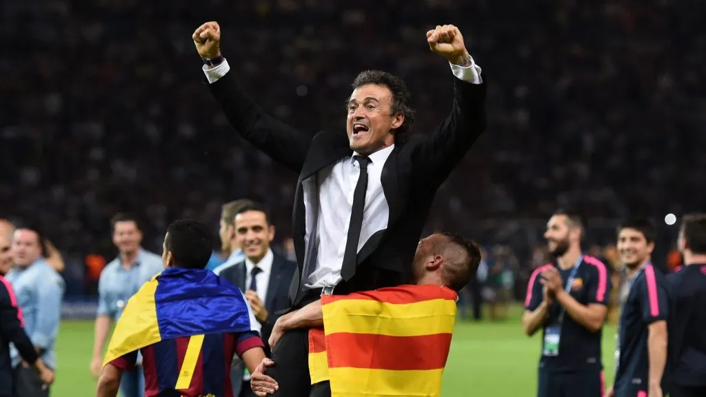 Luis Enrique manager of Barcelona celebrates victory after the UEFA Champions League Final between Juventus and FC Barcelona at Olympiastadion on June 6, 2015. (Source: Matthias Hangst/Getty Images)