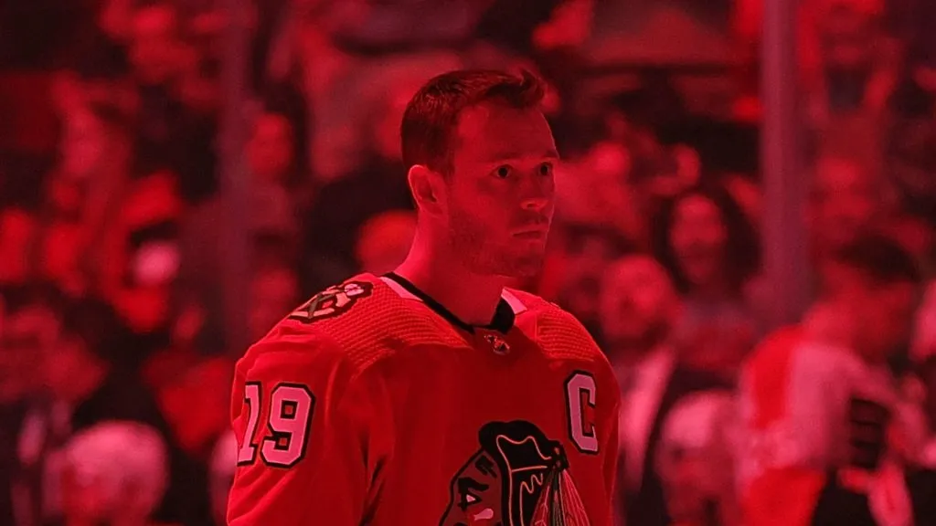 Jonathan Toews #19 of the Chicago Blackhawks stands for the National Anthem prior to a game against the Philadelphia Flyers at United Center on April 13, 2023 in Chicago, Illinois.
