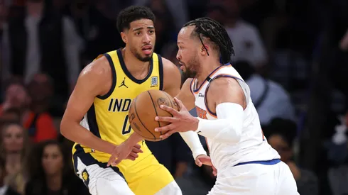 Jalen Brunson of the New York Knicks is defended by Tyrese Haliburton of the Indiana Pacers