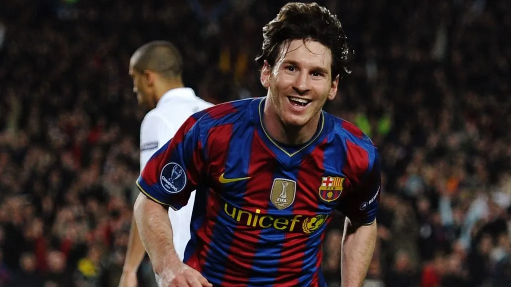 Lionel Messi of Barcelona celebrates scoring his fourth goal during the UEFA Champions League quarter final second leg match between Barcelona and Arsenal on April 6, 2010. (Source: Jasper Juinen/Getty Images)