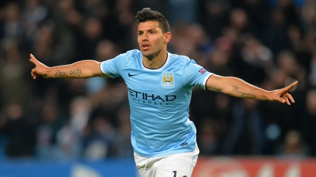 Sergio Aguero of Manchester City celebrates scoring the second goal during the UEFA Champions League Group D match in 2013. (Source: Shaun Botterill/Getty Images)