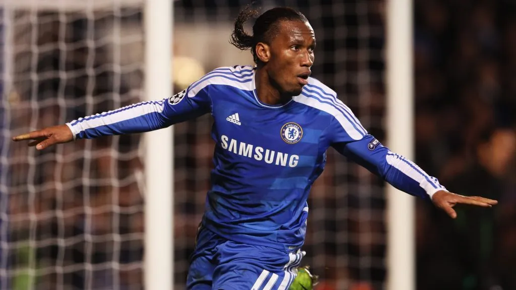 Didier Drogba of Chelsea celebrates as he scores their third goal during the UEFA Champions League Group E match between Chelsea FC and Valencia CF in 2011. (Source: Scott Heavey/Getty Images)
