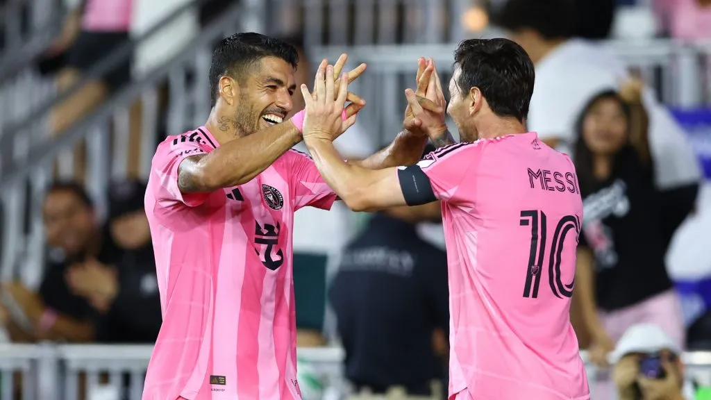 Lionel Messi #10 of Inter Miami CF celebrates with Luis Suarez after scoring his team’s fourth goal of the game. (Megan Briggs/Getty Images)