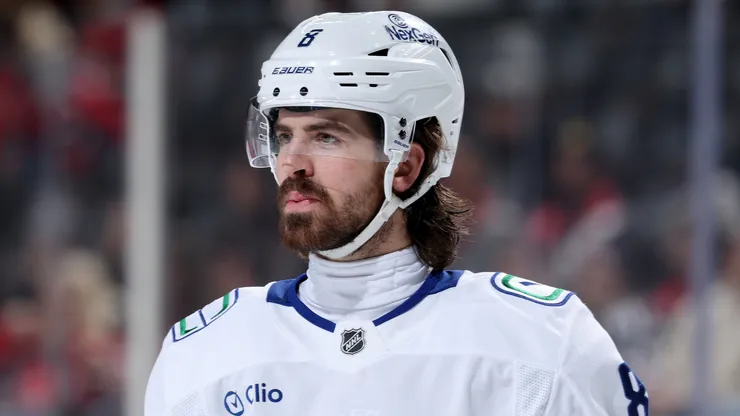 Conor Garland #8 of the Vancouver Canucks looks on before a face off in the third period against the New Jersey Devils at Prudential Center on March 24, 2025 in Newark, New Jersey.