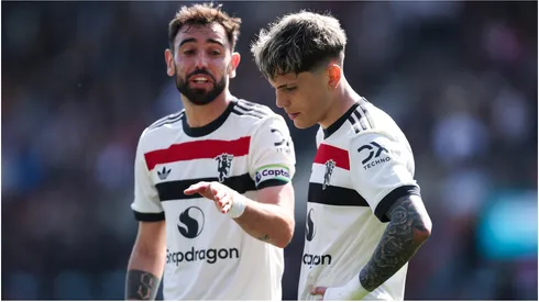 Bruno Fernandes of Manchester United reacts towards teammate Alejandro Garnacho