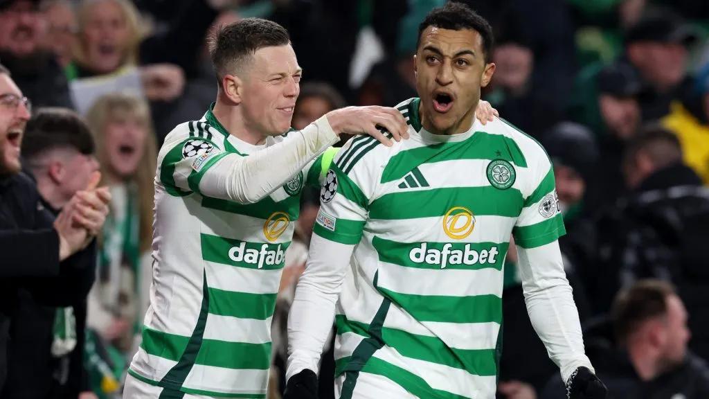 Adam Idah of Celtic celebrates after Loris Benito concedes an own goal, resulting in the first goal for Celtic, during the UEFA Champions League 2024/25 League Phase MD7 match. (Source: Ian MacNicol/Getty Images)