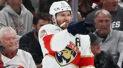 Matthew Tkachuk #19 of the Florida Panthers celebrates after scoring a goal.