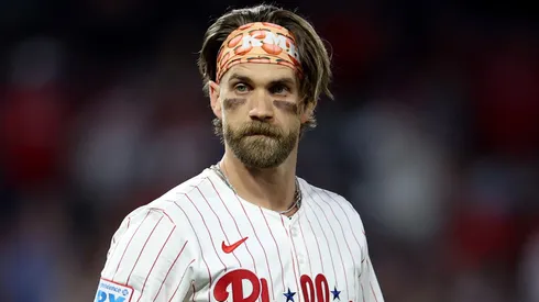 Bryce Harper #3 of the Philadelphia Phillies looks on during a game against the Washington Nationals at Citizens Bank Park on April 29, 2025 in Philadelphia, Pennsylvania.