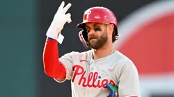 Bryce Harper #3 of the Philadelphia Phillies celebrates hitting a double during the fourth inning against the Cleveland Guardians at Progressive Field on May 10, 2025 in Cleveland, Ohio.