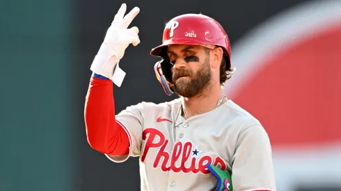 Bryce Harper #3 of the Philadelphia Phillies celebrates hitting a double during the fourth inning against the Cleveland Guardians at Progressive Field on May 10, 2025 in Cleveland, Ohio.