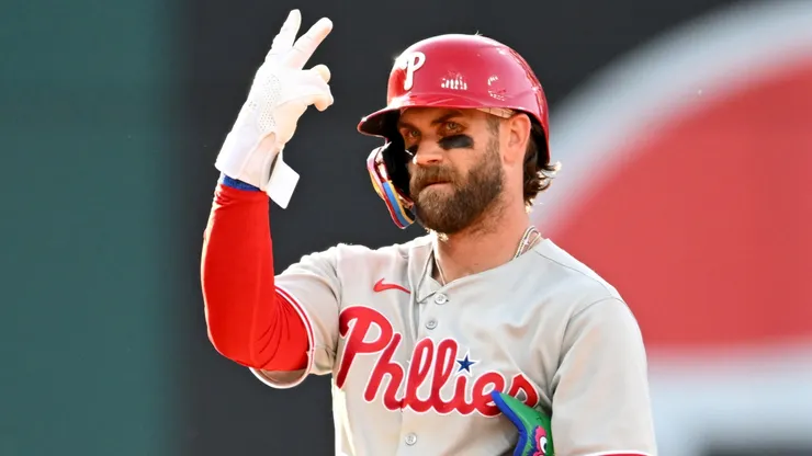 Bryce Harper #3 of the Philadelphia Phillies celebrates hitting a double during the fourth inning against the Cleveland Guardians at Progressive Field on May 10, 2025 in Cleveland, Ohio.