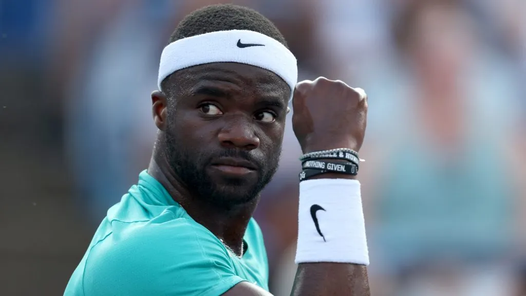 Frances Tiafoe of the United States celebrates winning a point against Juncheng Shang of China during Day 7 of the Mubadala Citi DC Open at Rock Creek Tennis Center on August 04, 2023. (Source: Rob Carr/Getty Images)
