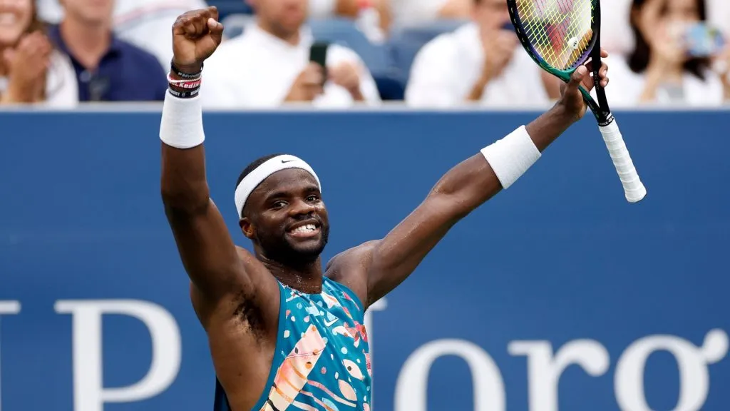 Frances Tiafoe of the United States celebrates match point to defeat Rinky Hijikata of Australia during their Men’s Singles Fourth Round match on Day Seven of the 2023 US Open. (Source: Sarah Stier/Getty Images)