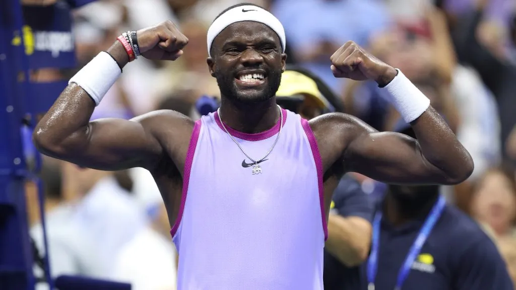 Frances Tiafoe of the United States reacts after defeating Alexei Popyrin of Australia during their Men’s Singles Fourth Round match on Day Seven of the 2024 US Open. (Source: Jamie Squire/Getty Images)