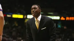 Head coach Isiah Thomas of the Indiana Pacers during game two of the Eastern Conference Quarterfinals against the New Jersey Nets during the 2002 NBA Playoffs