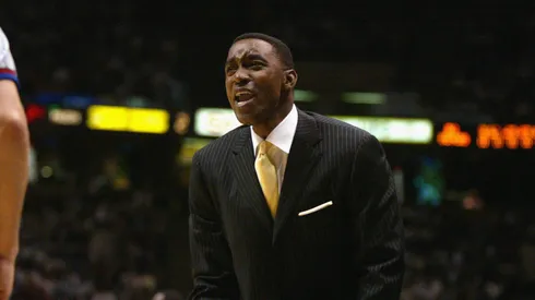 Head coach Isiah Thomas of the Indiana Pacers during game two of the Eastern Conference Quarterfinals against the New Jersey Nets during the 2002 NBA Playoffs
