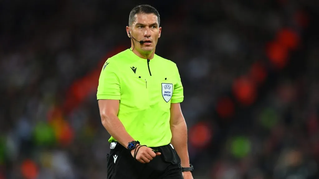 Referee Istvan Kovacs looks on during the UEFA Champions League round of 16 leg one match between Liverpool FC and Real Madrid at Anfield on February 21, 2023. (Source: Michael Regan/Getty Images)