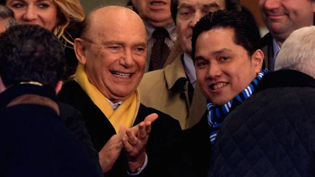 Ernesto Pellegrini (L) attends the Serie A match between FC Internazionale Milano and Cagliari Calcio at San Siro Stadium on February 23, 2014 in Milan, Italy.