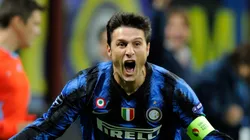 Javier Zanetti of Interv celebrates after the first goal during the UEFA Champions League group A match between FC Internazionale Milano and Tottenham Hotspur