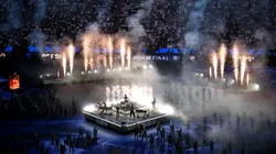 A general view of the pre-match ceremony, as Linkin Park preform, whilst a pyrotechnical display takes place prior to the UEFA Champions League Final 2025.