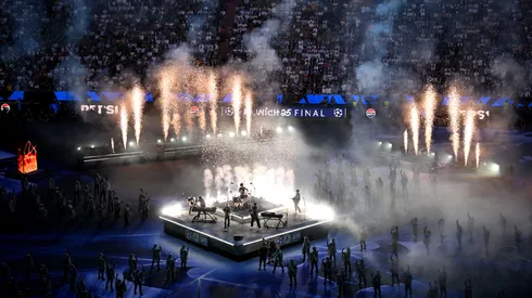 A general view of the pre-match ceremony, as Linkin Park preform, whilst a pyrotechnical display takes place prior to the UEFA Champions League Final 2025.