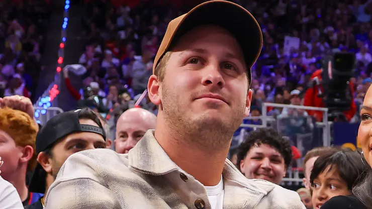 Detroit Lions Quarterback Jared Goff looks on in Game Four of the Eastern Conference First Round NBA Playoffs at Little Caesars Arena on April 27, 2025 in Detroit, Michigan.