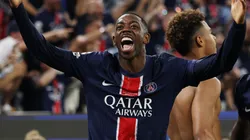 Ousmane Dembele of Paris Saint-Germain celebrates after Desire Doue of Paris Saint-Germain scores his team's third goal during the UEFA Champions League Final 2025.