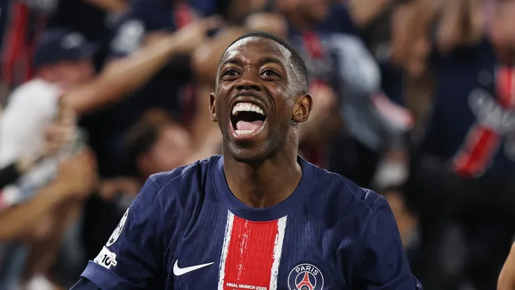 Ousmane Dembele of Paris Saint-Germain celebrates a goal in the UEFA Champions League Final.