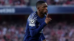 Ousmane Dembele of Paris Saint-Germain celebrates scoring his team's first goal during the UEFA Champions League 2024/25 Semi Final First Leg match between Arsenal FC and Paris Saint-Germain at Emirates Stadium on April 29, 2025 in London, England.