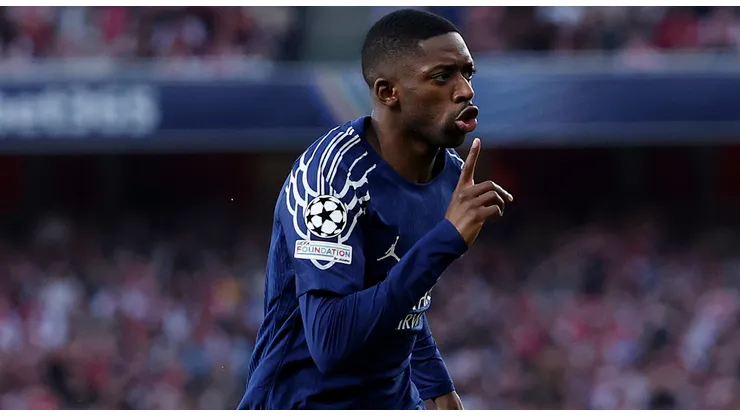 Ousmane Dembele of Paris Saint-Germain celebrates scoring his team's first goal during the UEFA Champions League 2024/25 Semi Final First Leg match between Arsenal FC and Paris Saint-Germain at Emirates Stadium on April 29, 2025 in London, England.