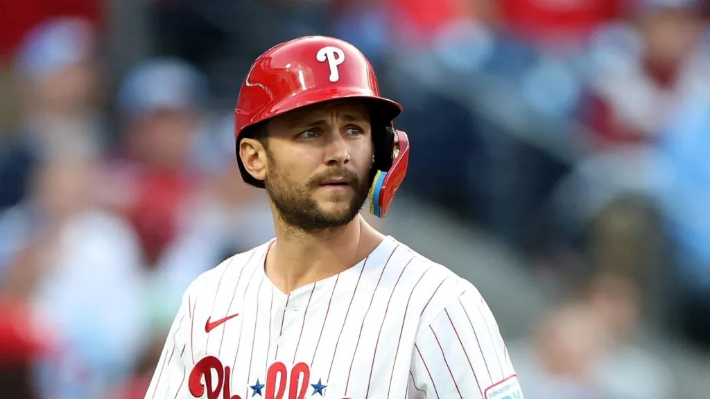 Trea Turner #7 of the Philadelphia Phillies looks on after striking out during game two of a doubleheader against the Atlanta Braves