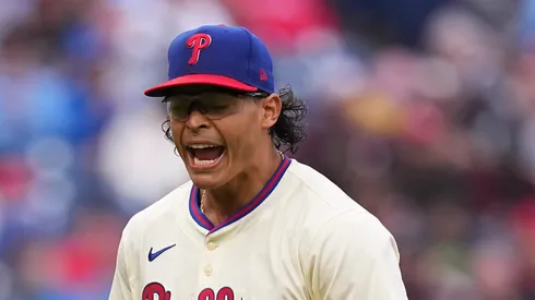 Jesús Luzardo #44 of the Philadelphia Phillies reacts after the top of the fifth inning against the St. Louis Cardinals during game one of a doubleheader at Citizens Bank Park on May 14, 2025 in Philadelphia, Pennsylvania. The Phillies defeated the Cardinals 2-1.