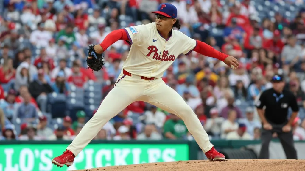 Jesús Luzardo #44 of the Philadelphia Phillies delivers a pitch in the first inning during a game against the Milwaukee Brewers at Citizens Bank Park