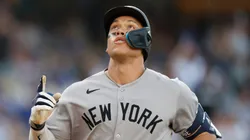 Aaron Judge #99 of the New York Yankees celebrates his second solo home-run of the game in the eighth inning against the Los Angeles Dodgers at Dodger Stadium on May 31, 2025 in Los Angeles, California.