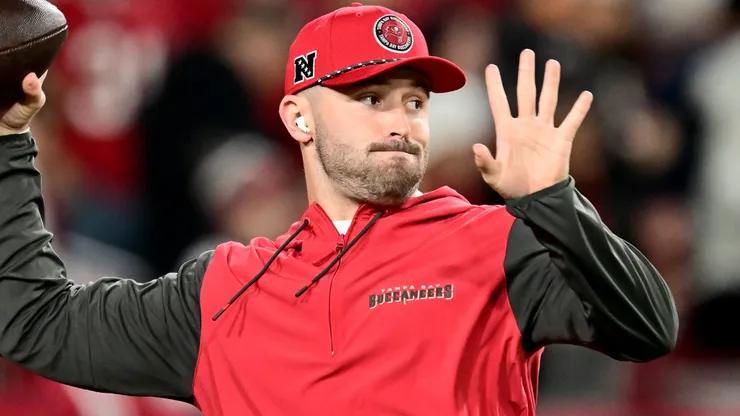 Baker Mayfield #6 of the Tampa Bay Buccaneers warms up prior to the NFC Wild Card Playoff against the Washington Commanders at Raymond James Stadium on January 12, 2025 in Tampa, Florida.