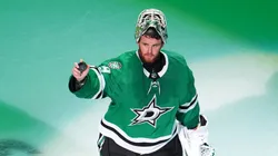 Jake Oettinger #29 of the Dallas Stars celebrates after defeating the Edmonton Oilers after Game Two of the Western Conference Final of the 2024 Stanley Cup Playoffs at American Airlines Center on May 25, 2024 in Dallas, Texas.