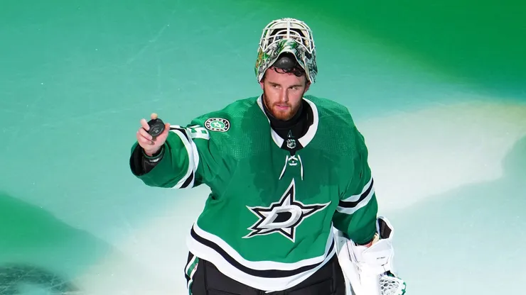 Jake Oettinger #29 of the Dallas Stars celebrates after defeating the Edmonton Oilers after Game Two of the Western Conference Final of the 2024 Stanley Cup Playoffs at American Airlines Center on May 25, 2024 in Dallas, Texas.