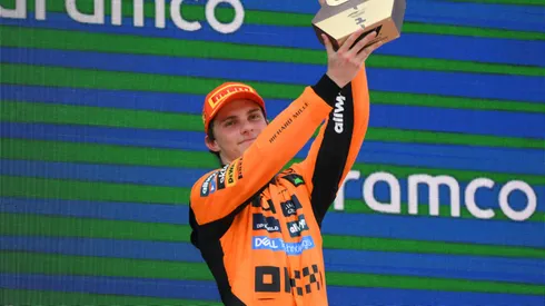 Race winner Oscar Piastri of Australia and McLaren lifts the winners trophy on the podium during the F1 Grand Prix of Spain at Circuit de Barcelona-Catalunya on June 01, 2025 in Barcelona, Spain.