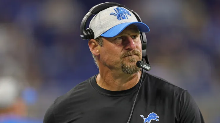 Detroit Lions Head Football Coach Dan Campbell watches the action during the first quarter of the game against the Indianapolis Colts at Ford Field on August 27, 2021 in Detroit, Michigan. Indianapolis defeated Detroit 27-17.