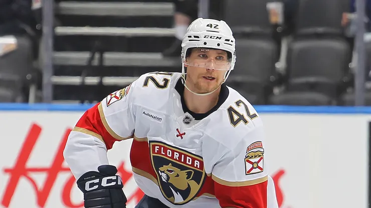 Gustav Forsling #42 of the Florida Panthers skates with the puck against the Toronto Maple Leafs during the third period in Game Seven of the Second Round of the 2025 Stanley Cup Playoffs at Scotiabank Arena on May 18, 2025 in Toronto, Ontario, Canada.
