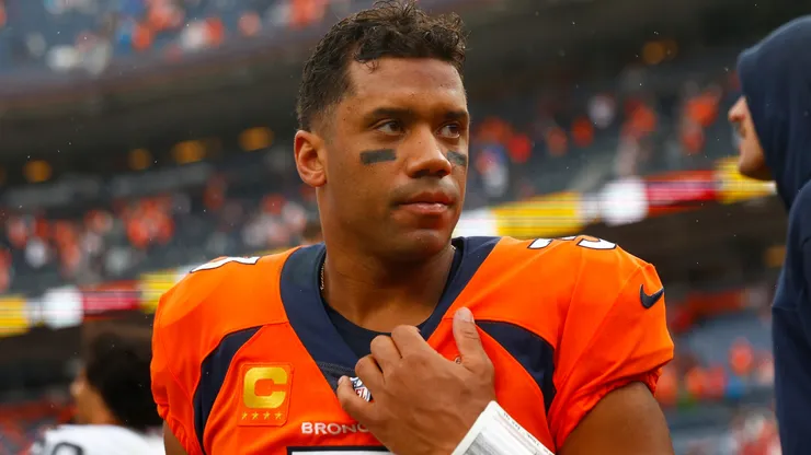 Russell Wilson #3 of the Denver Broncos reacts after his team's 17-16 loss against the Las Vegas Raiders at Empower Field At Mile High on September 10, 2023 in Denver, Colorado.