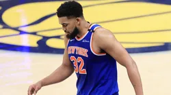 Karl-Anthony Towns #32 of the New York Knicks reacts during the second quarter against the Indiana Pacers in Game Six of the Eastern Conference Finals of the 2025 NBA Playoffs at Gainbridge Fieldhouse on May 31, 2025 in Indianapolis, Indiana.