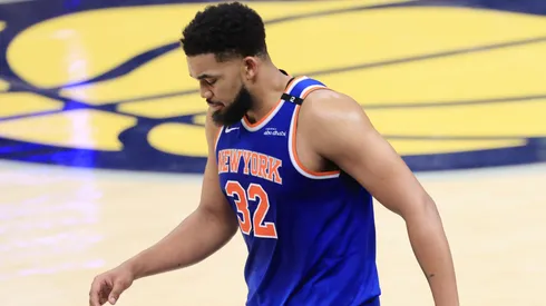 Karl-Anthony Towns #32 of the New York Knicks reacts during the second quarter against the Indiana Pacers in Game Six of the Eastern Conference Finals of the 2025 NBA Playoffs at Gainbridge Fieldhouse on May 31, 2025 in Indianapolis, Indiana.