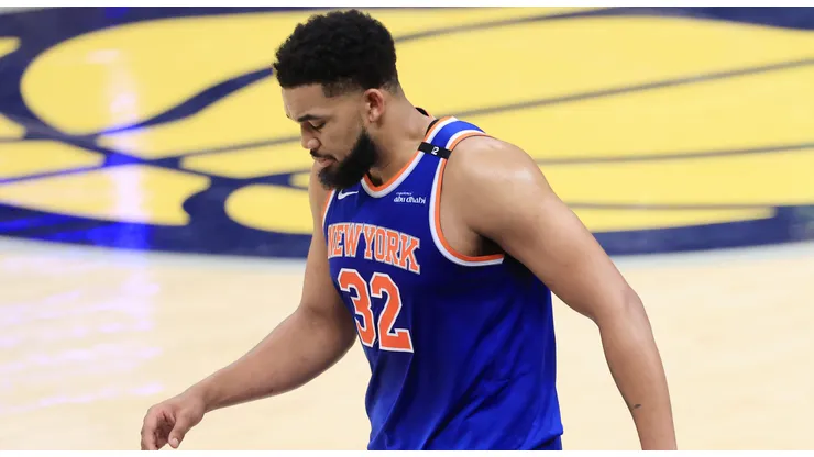 Karl-Anthony Towns #32 of the New York Knicks reacts during the second quarter against the Indiana Pacers in Game Six of the Eastern Conference Finals of the 2025 NBA Playoffs at Gainbridge Fieldhouse on May 31, 2025 in Indianapolis, Indiana.